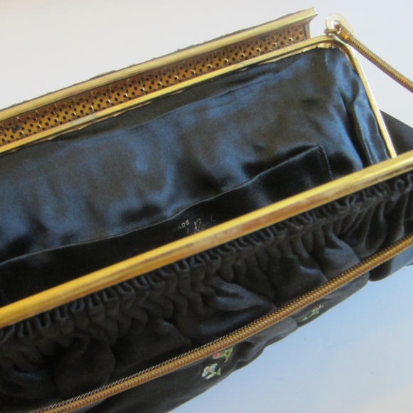 Art Deco Paris Gants Saint Roch Hand Made Black Satin French Embroidered Purse - Picture 6 of 11